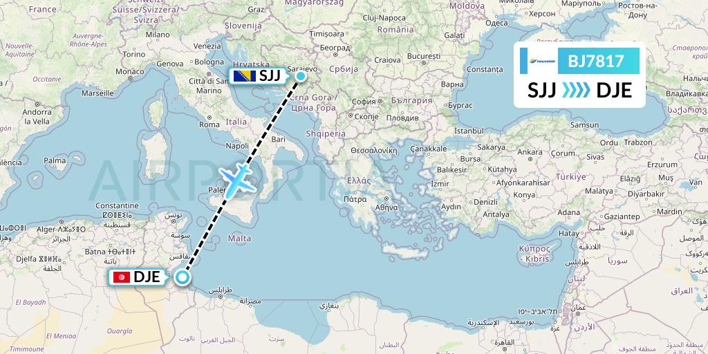 BJ7817 Nouvelair Tunisie Flight Map: Sarajevo to Djerba