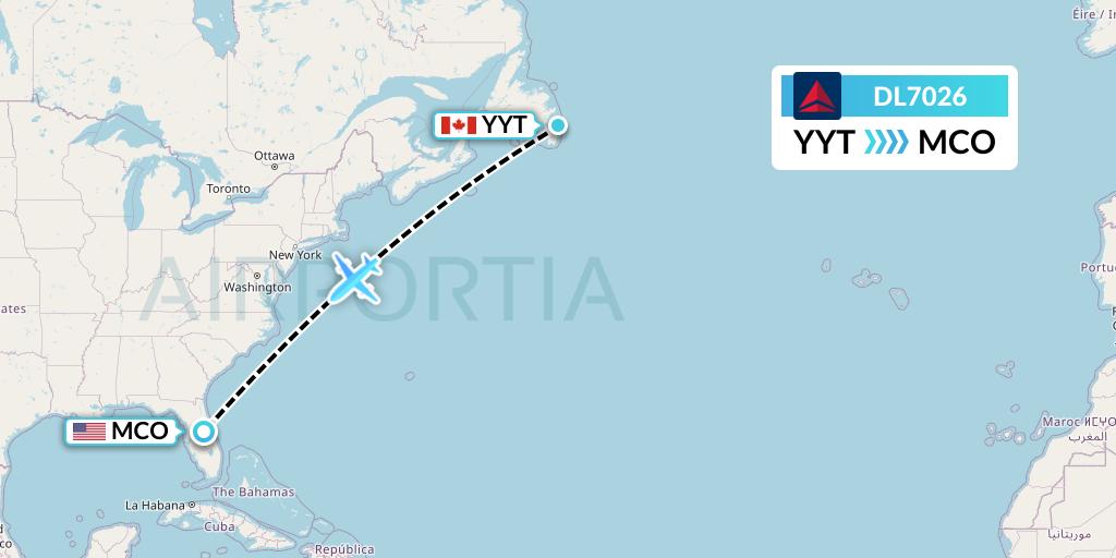 DL7026 Delta Air Lines Flight Map: St. John's to Orlando