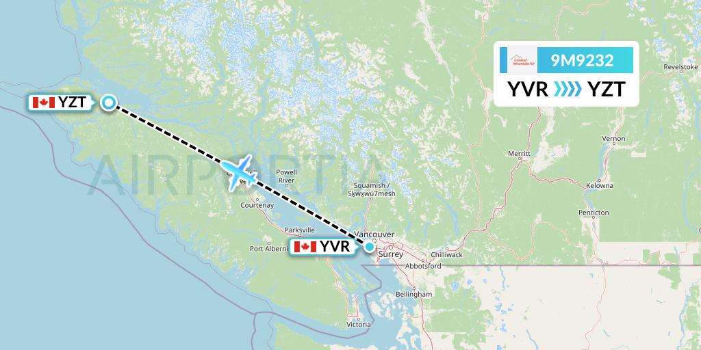 9M9232 Central Mountain Air Flight Map: Vancouver to Port Hardy