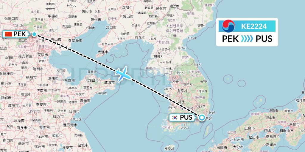 KE2224 Korean Air Flight Map: Beijing to Busan