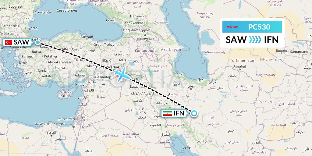 PC530 Pegasus Airlines Flight Map: Istanbul to Isfahan