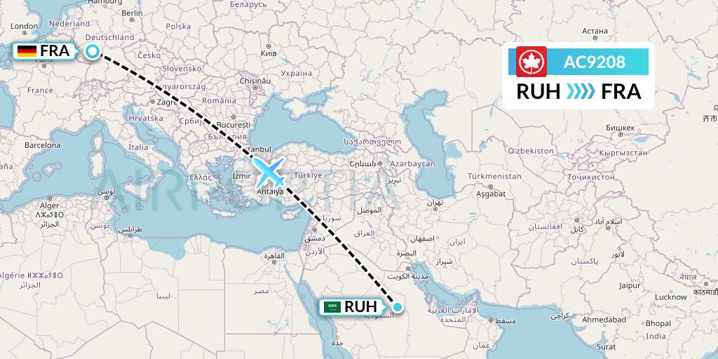 AC9208 Air Canada Flight Map: Riyadh to Frankfurt