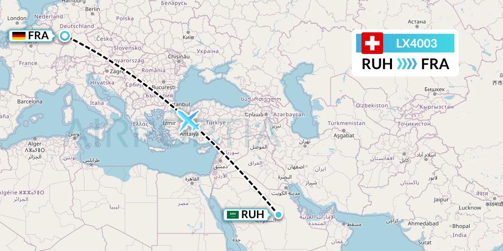 LX4003 Swiss Flight Map: Riyadh to Frankfurt