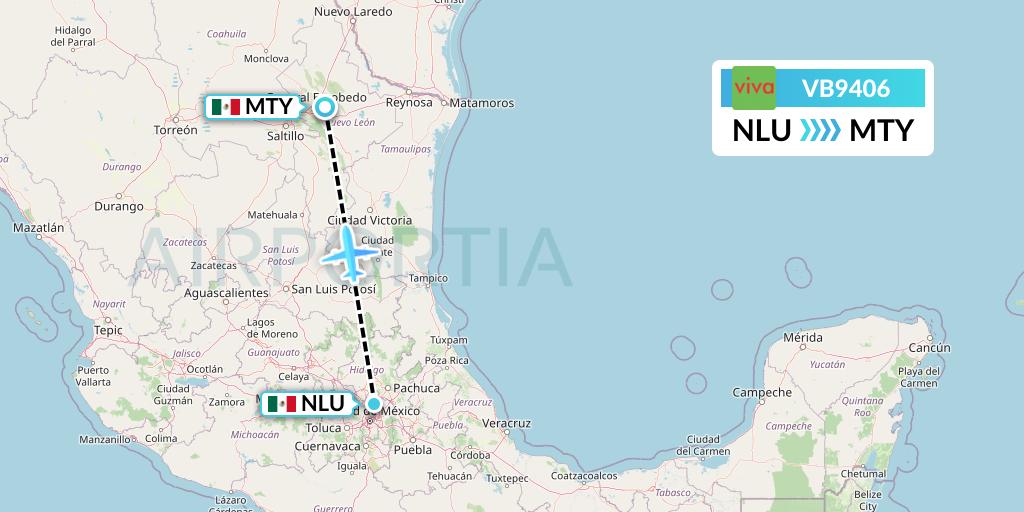 VB9406 VivaAerobus Flight Map: Reyes Acozac to Monterrey