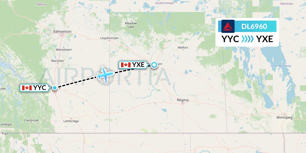 DL6960 Delta Air Lines Flight Map: Calgary to Saskatoon