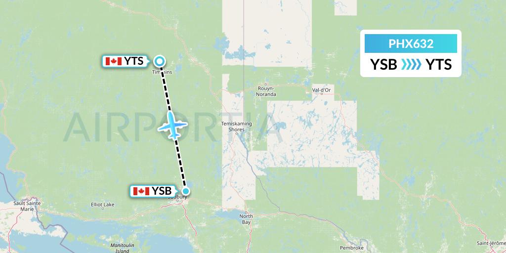 PHX632 SkyCare Flight Map: Sudbury to Timmins