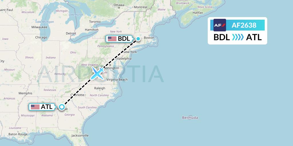 AF2638 Air France Flight Map: Windsor Locks to Atlanta