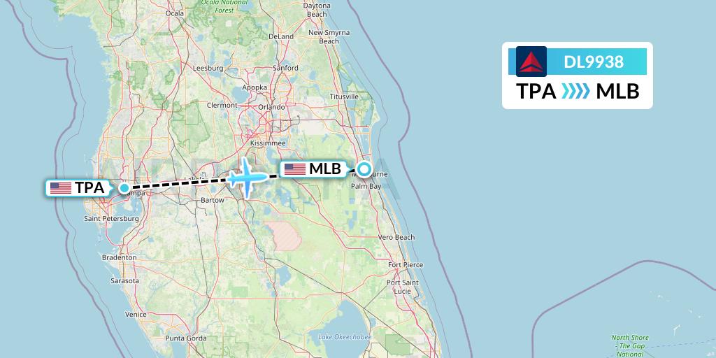 DL9938 Delta Air Lines Flight Map: Tampa to Melbourne