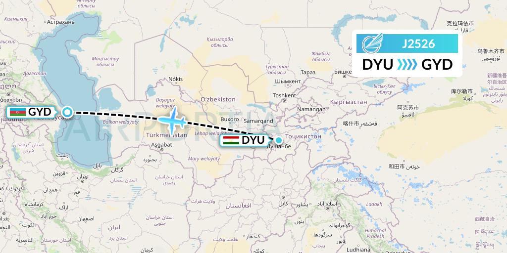 J2526 Azerbaijan Airlines Flight Map: Dushanbe to Baku