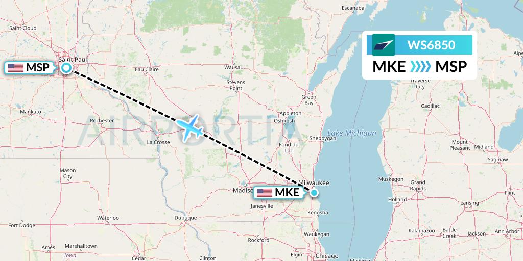 WS6850 WestJet Flight Map: Milwaukee to Minneapolis