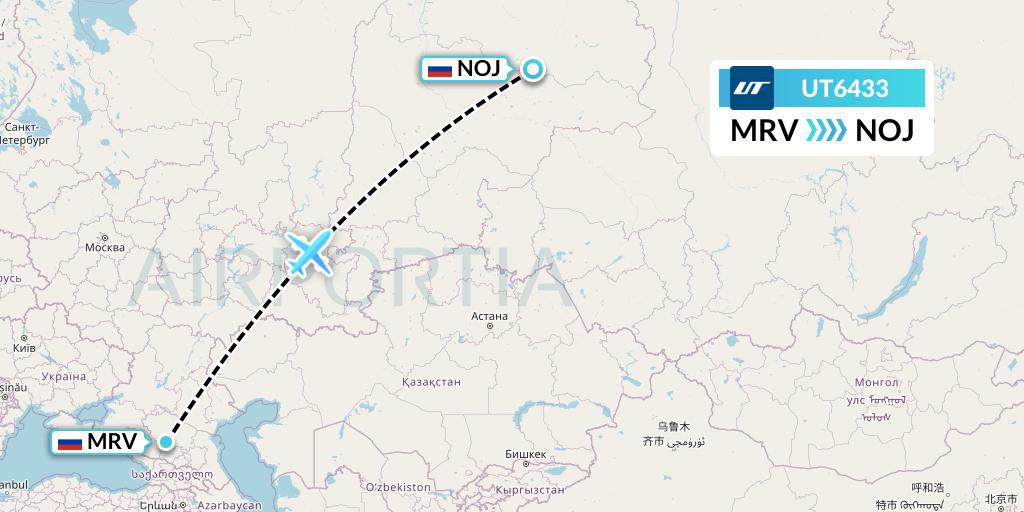 UT6433 UTair Flight Map: Mineralnye Vody to Noyabrsk