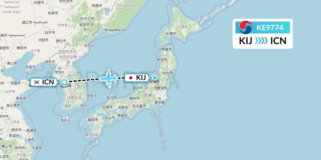 KE9774 Korean Air Flight Map: Niigata to Seoul