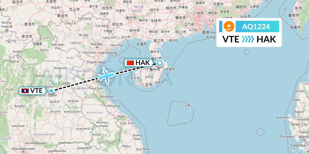 AQ1224 9 Air Flight Map: Vientiane to Haikou