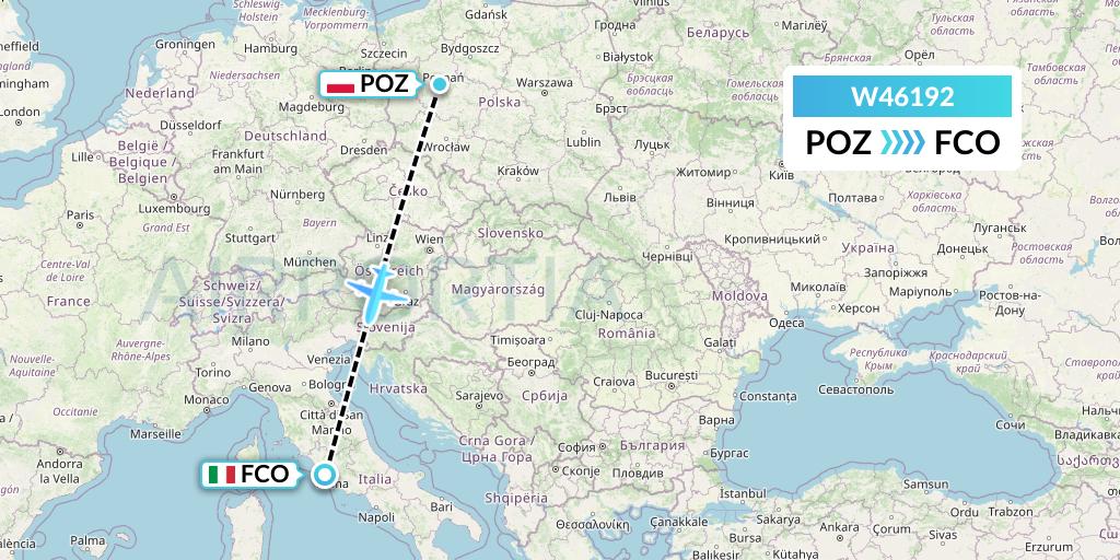 W46192 Wizz Air Malta Flight Map: Poznan to Rome