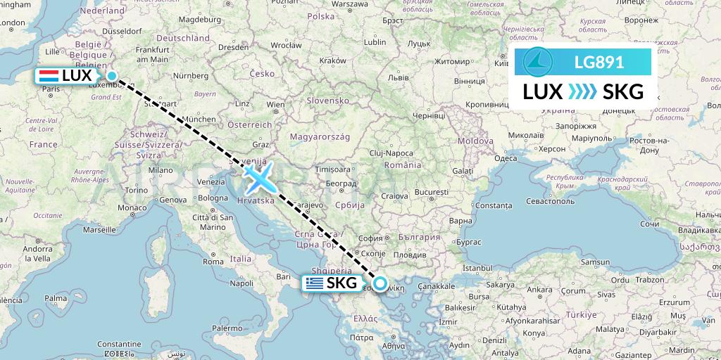 LG891 Luxair Flight Map: Luxembourg to Thessaloniki