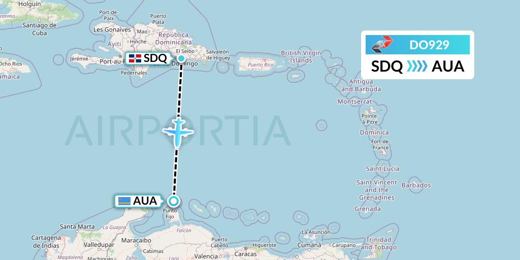 DO929 Sky High Aviation Flight Map: Santo Domingo to Oranjestad
