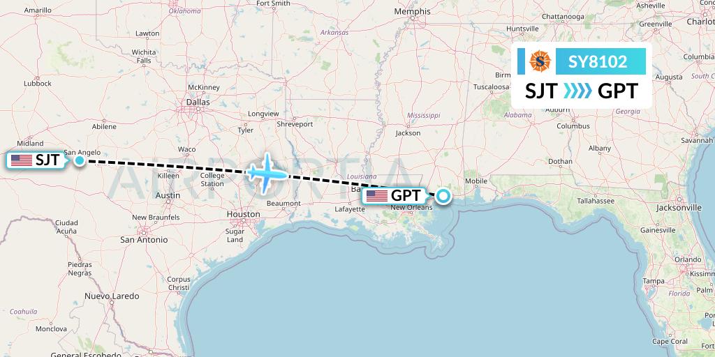 SY8102 Sun Country Airlines Flight Map: San Angelo to Gulfport