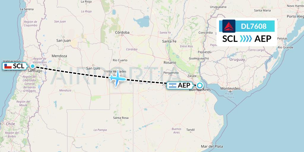 DL7608 Delta Air Lines Flight Map: Santiago to Buenos Aires
