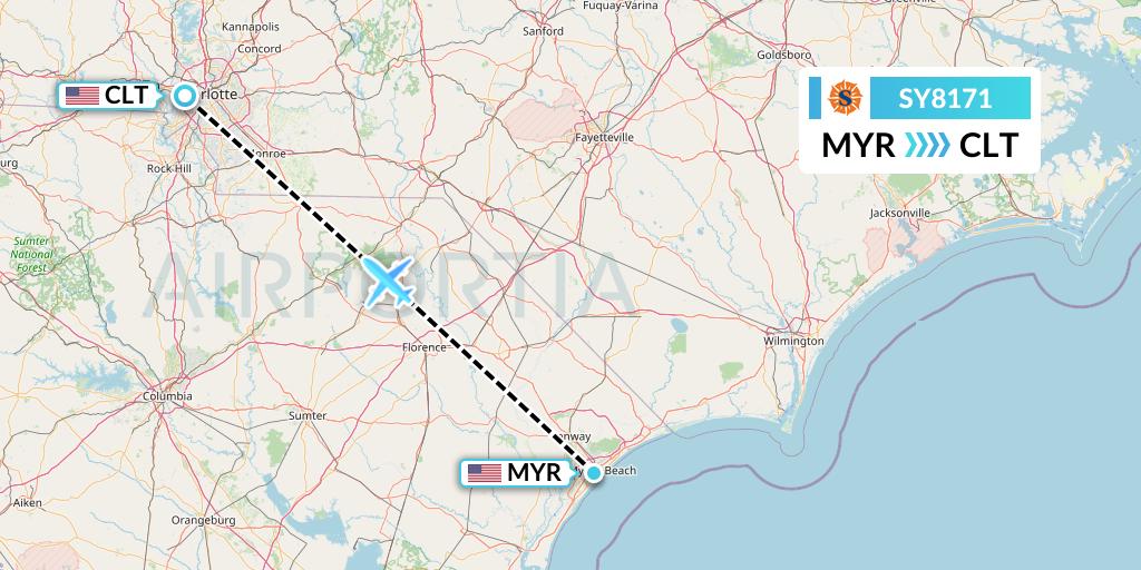 SY8171 Sun Country Airlines Flight Map: Myrtle Beach to Charlotte