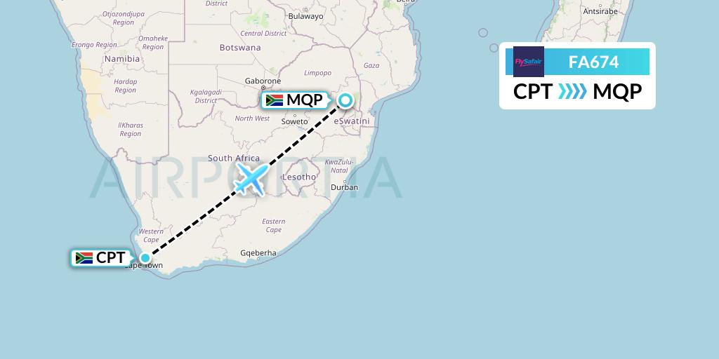 FA674 Safair Flight Map: Cape Town to Nelspruit