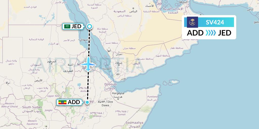 SV424 Saudi Arabian Airlines Flight Map: Addis Ababa to Jeddah