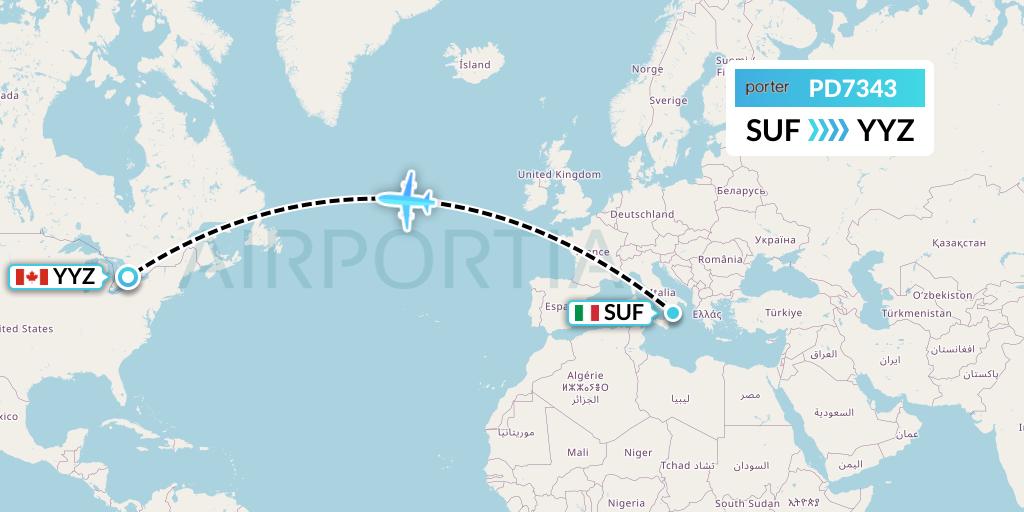 PD7343 Porter Airlines Flight Map: Lamezia Terme to Toronto