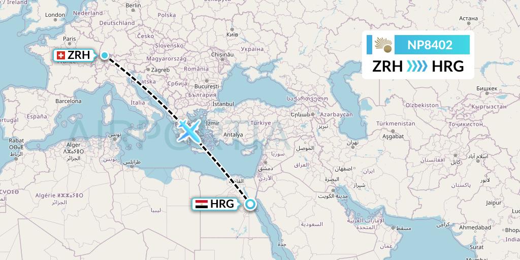 NP8402 Nile Air Flight Map: Zurich to Hurghada