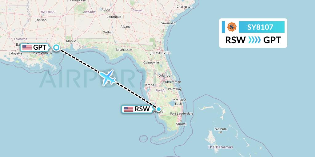 SY8107 Sun Country Airlines Flight Map: Fort Myers to Gulfport