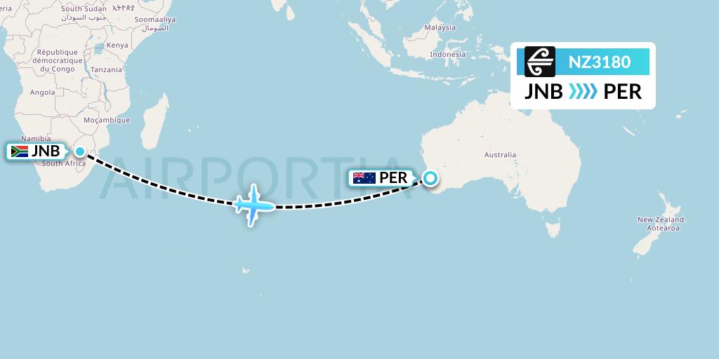NZ3180 Air New Zealand Flight Map: Johannesburg to Perth