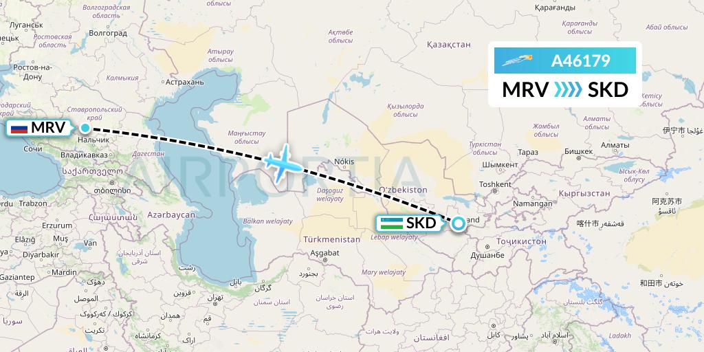 A46179 Azimuth Airlines Flight Map: Mineralnye Vody to Samarkand