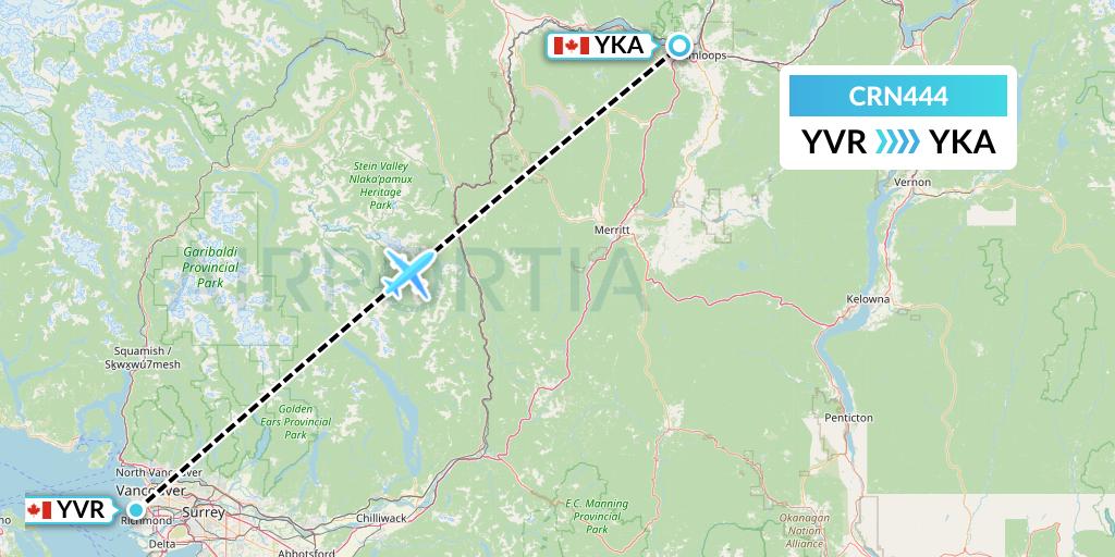 CRN444 Aerocaribbean Flight Map: Vancouver to Kamloops