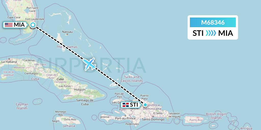 M68346 Amerijet International Flight Map: Santiago de los Caballeros to Miami