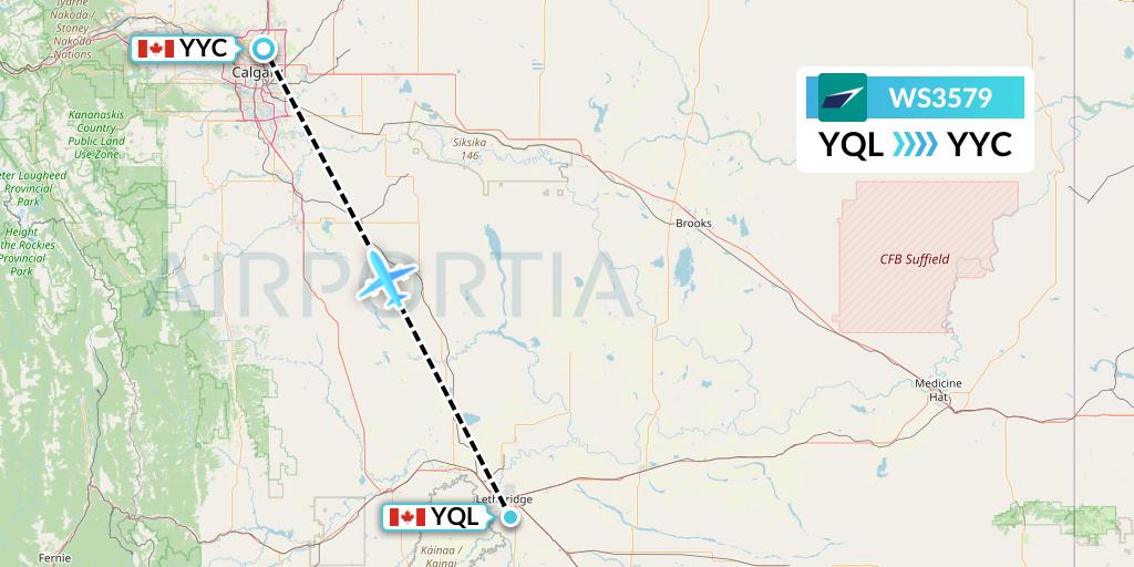 WS3579 WestJet Flight Map: Lethbridge to Calgary
