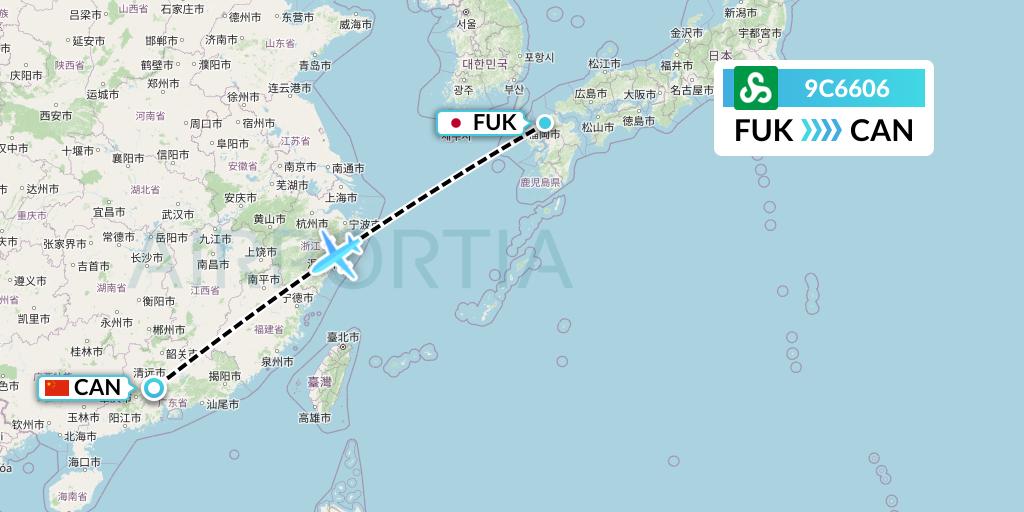 9C6606 Spring Airlines Flight Map: Fukuoka to Guangzhou