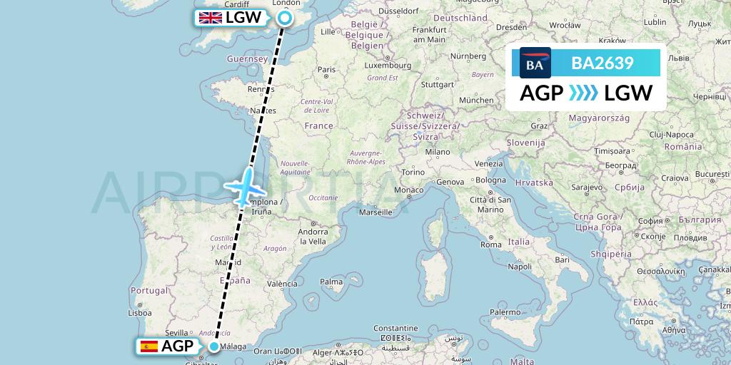 BA2639 British Airways Flight Map: Malaga to London
