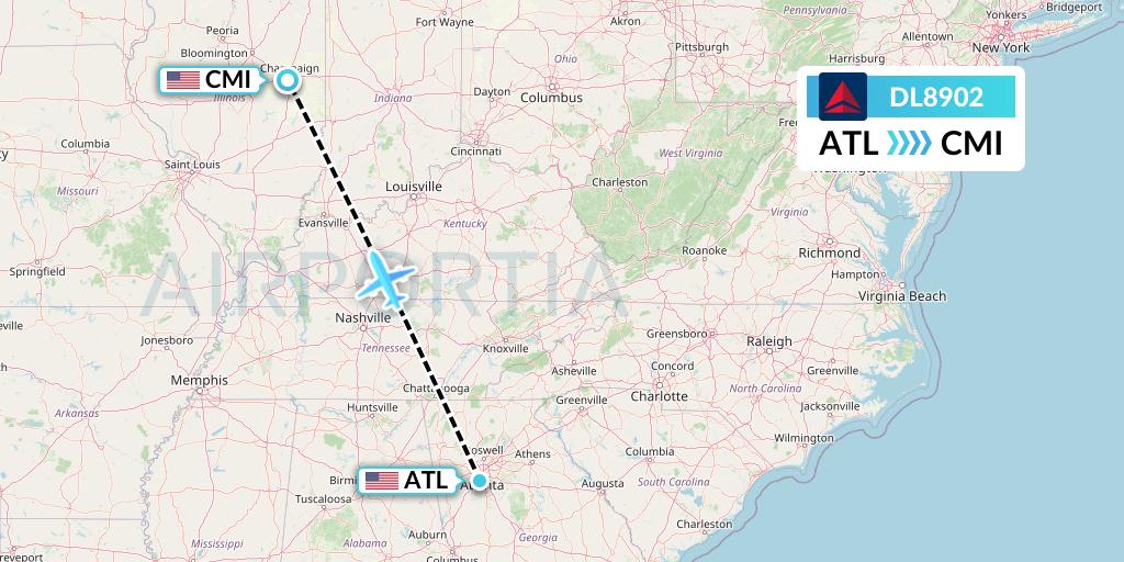 DL8902 Delta Air Lines Flight Map: Atlanta to Champaign