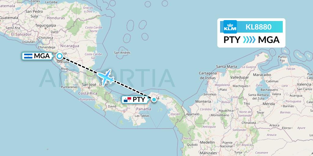 KL8880 KLM Flight Map: Panama City to Managua