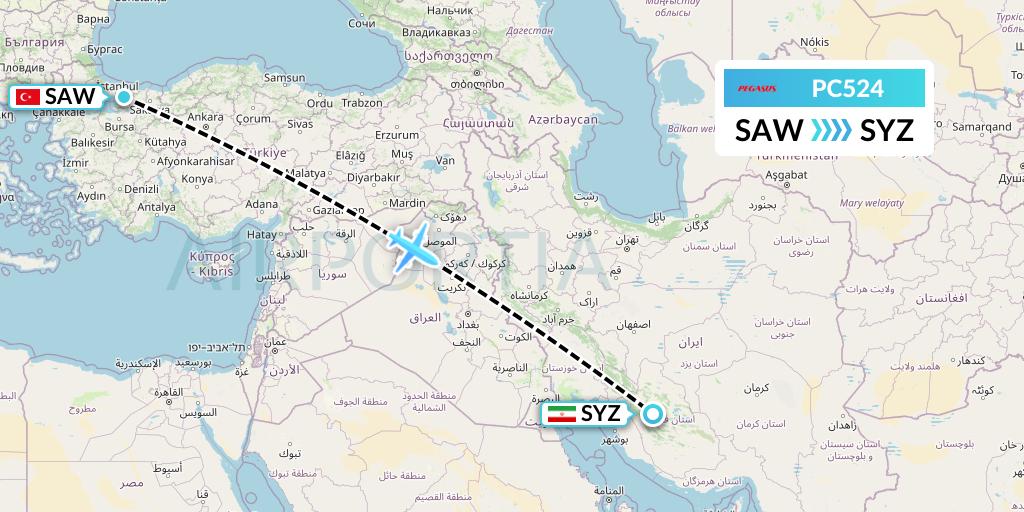 PC524 Pegasus Airlines Flight Map: Istanbul to Shiraz