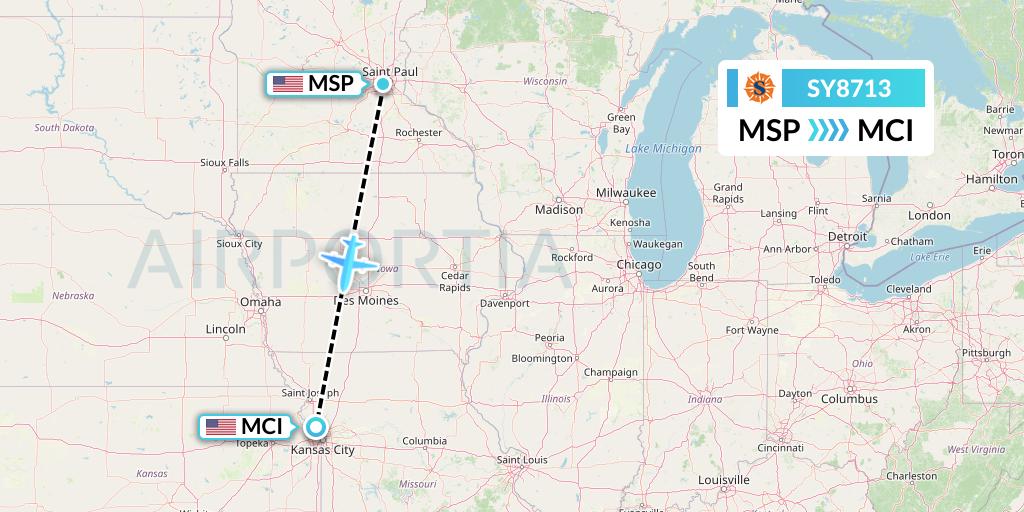 SY8713 Sun Country Airlines Flight Map: Minneapolis to Kansas City