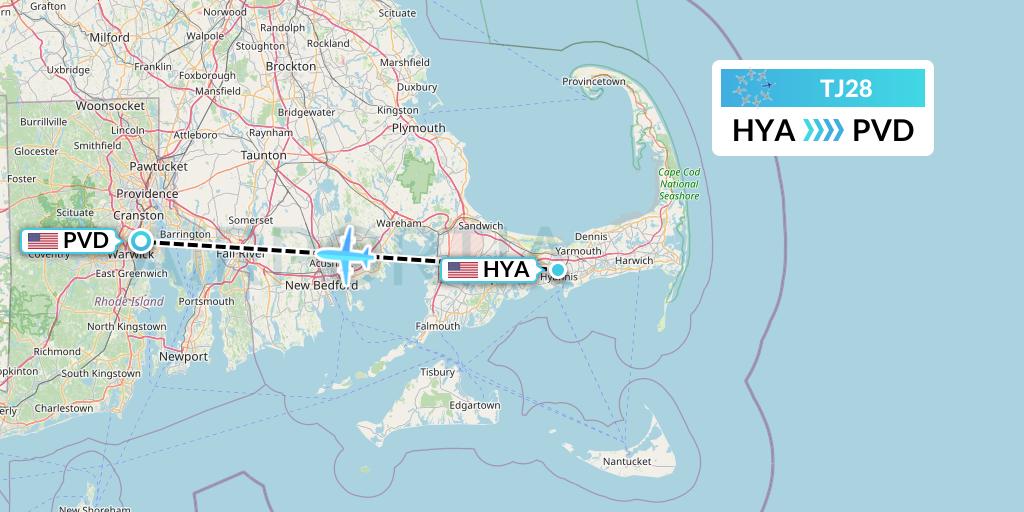 TJ28 Tradewind Aviation Flight Map: Hyannis to Providence