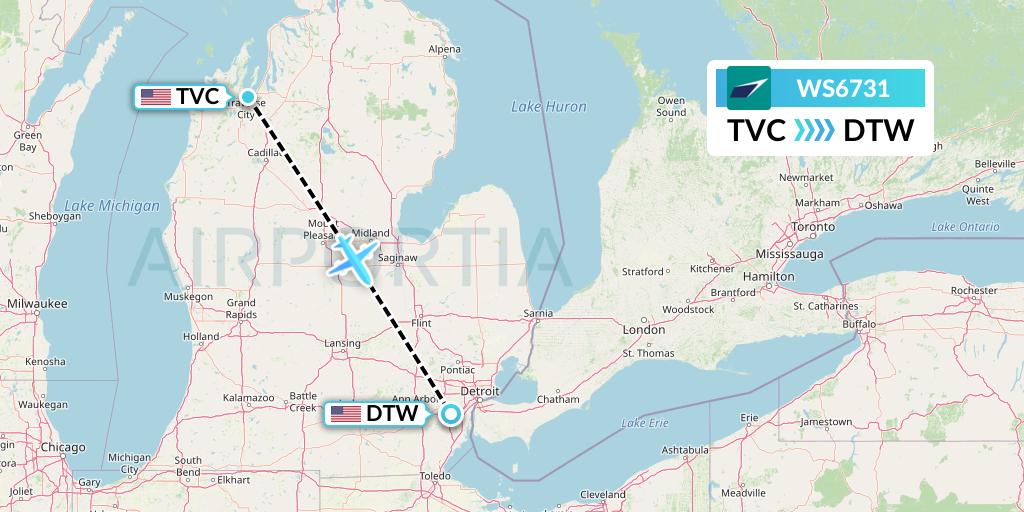 WS6731 WestJet Flight Map: Traverse City to Detroit
