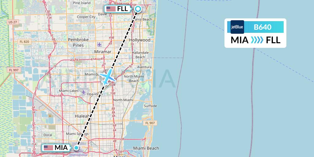 B640 JetBlue Airways Flight Map: Miami to Fort Lauderdale