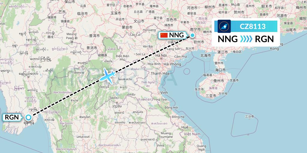 CZ8113 China Southern Airlines Flight Map: Nanning to Yangon