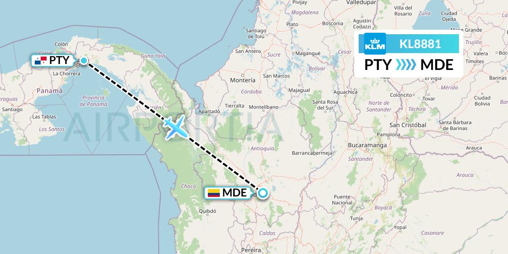 KL8881 KLM Flight Map: Panama City to Medellin