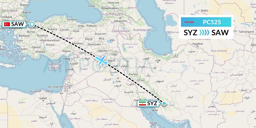 PC525 Pegasus Airlines Flight Map: Shiraz to Istanbul
