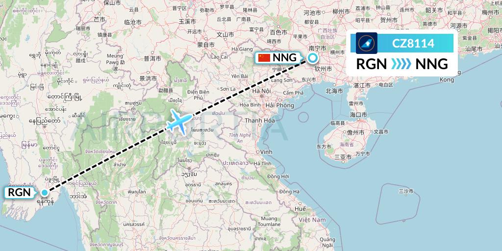 CZ8114 China Southern Airlines Flight Map: Yangon to Nanning