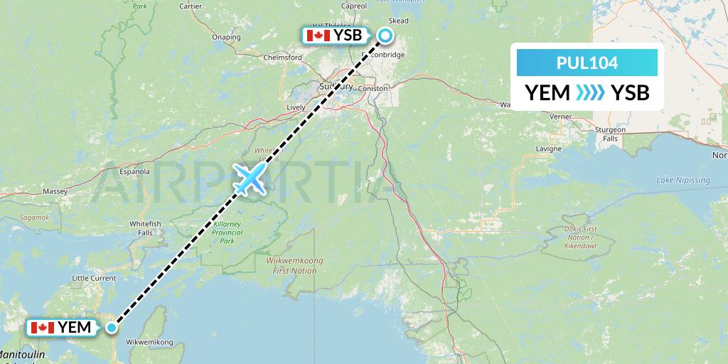 PUL104 Ornge Air Flight Map: Manitowaning to Sudbury