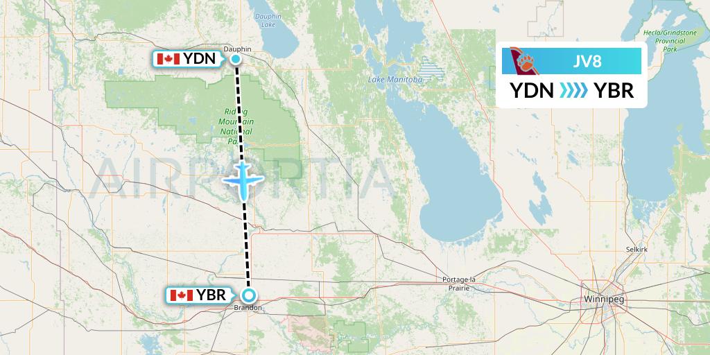 JV8 Bearskin Airlines Flight Map: Dauphin to Brandon