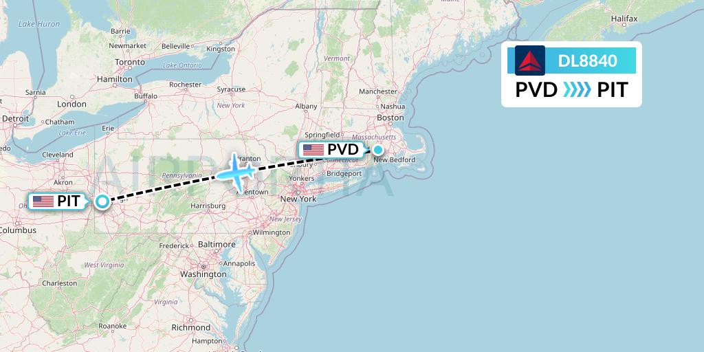DL8840 Delta Air Lines Flight Map: Providence to Pittsburgh