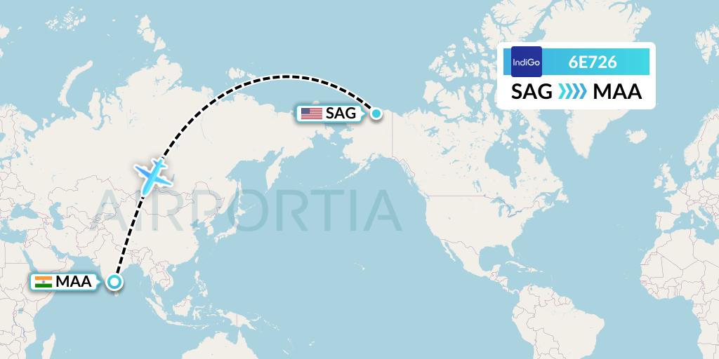 6E726 IndiGo Airlines Flight Map: Sagwon to Chennai